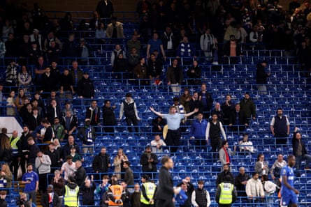 Chelsea fans react after their 1-0 home defeat by Manchester United at Stamford Bridge, 18 April 2026.