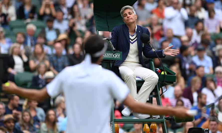 Italy’s Lorenzo Sonego remonstrates with the umpire at Wimbledon 2021.