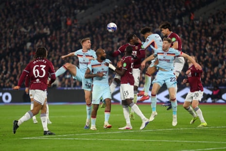 West Ham’s Konstantinos Mavropanos heads the ball clear.