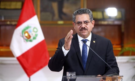 Peru’s interim president, Manuel Merino, announces his resignation at the presidential palace in Lima on Sunday.
