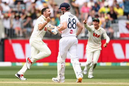 Harry Brook walks disconnected aft being dismissed by a jubilant Scott Boland amid England’s collapse
