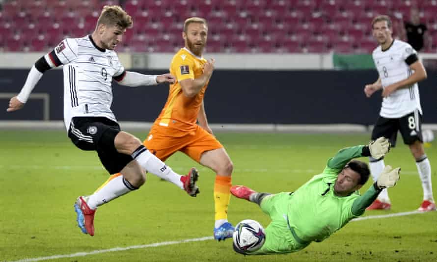 Timo Werner scores Germany’s fourth goal in the 6-0 win over Armenia in Stuttgart.