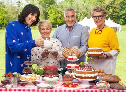 Noel Fielding and Sandi Toksvig, left, with judges Paul Hollywood and Prue Leith on Channel 4’s The Great British Bake Off.