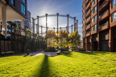New buildings frame the site’s only remaining gasholder, now home to a small park.