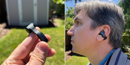 Open earbuds let you tune in without tuning out the world. Here are the five best pairs | headphones Side by side images, one of close-up of man holding earbud and one of his side profile with earbuds in ear