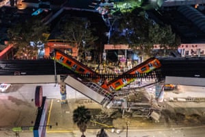 Mexico City, MexicoAn aerial view of the scene after an elevated section of metro track carrying train carriages with passengers, collapsed onto a busy road. The Line 12 accident reportedly killed at least 20 people and injured a further 70