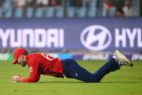 Phil Salt of England takes a catch to dismiss Brandon King.