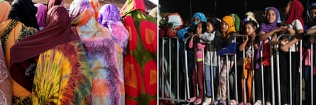 A composite picture of Sahrawi women in brightly coloured tie-dyed cloths, seen from behind (left), and several young girls, mostly in headscarves, standing at a railing (right)