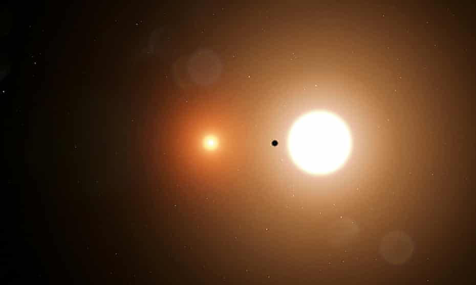This Nasa artist’s illustration shows what researchers working with data from Tess have discovered in the mission’s first circumbinary planet, a world orbiting two stars. 