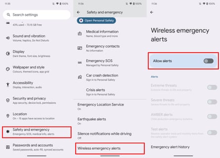 Capturas de tela mostrando as configurações de alertas de emergência em um telefone Google Pixel.
