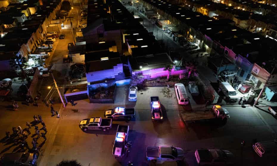 Police cars guarding the crime scene where journalist Lourdes Maldonado López was murder in Santa Fe, Tijuana's outskirts, on Sunday.