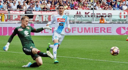 Torino goalkeeper Joe Hart kicks the ball past Napoli’s Jose Callejon