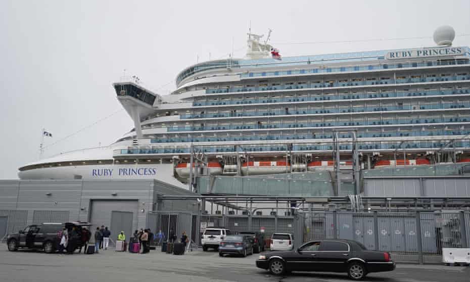 The Ruby Princess cruise ship docked in San Francisco. A dozen vaccinated passengers tested positive for coronavirus on the ship