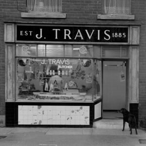 Travis’s, Butcher, Drury Lane, Chadderton shopfront photographed by Brian Lomas.