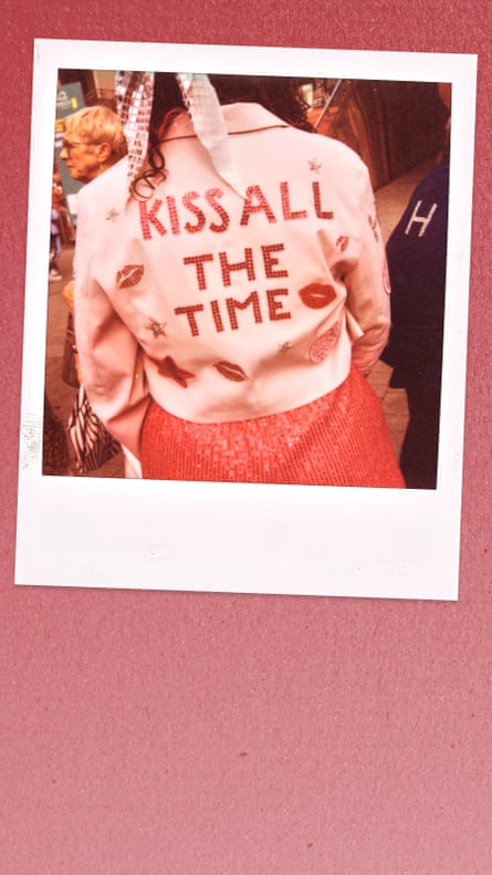 A collage of Polaroid-style photographs of a Harry Styles’s fan wearing a jacket with the slogan ‘Kiss All The Time’.