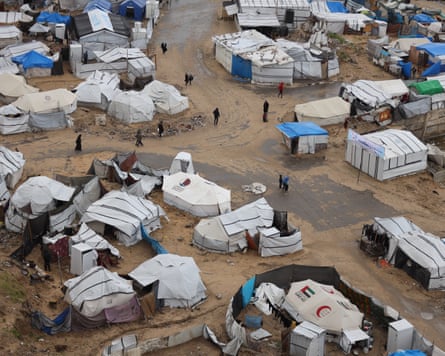 A view of tents in Gaza City, including those marked by flags from the UAE and Qatar considered to have met UN specifications.