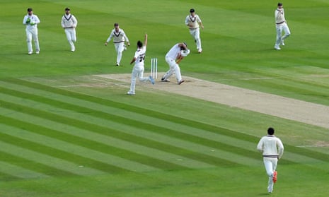 Lewis Gregory of Somerset celebrates the wicket of Nick Browne of Essex.
