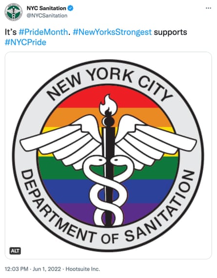 tweet says: “it’s pride month. new york’s strongest supports NYC pride”, with a sanitation department logo with a rainbow added in the background