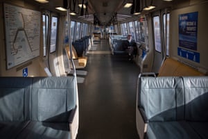 A lone commuter rides the normally packed San Francisco-bound Bart train.