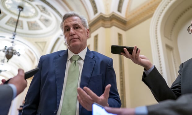 Kevin McCarthy talks to reporters at the Capitol in Washington DC on 6 April 2022.