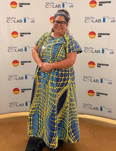 Nicole Brown wears a print by Aaron McTaggart of Merrepen Arts in the Daly River region from Secret Platypus.