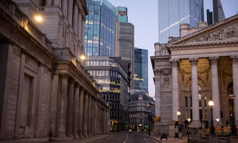 Empty streets around the Bank of England building on Threadneedle Street, London.