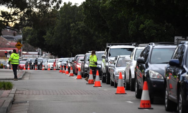 A long line of cars at a Covid-19 testing site  in Fairfield, Sydney