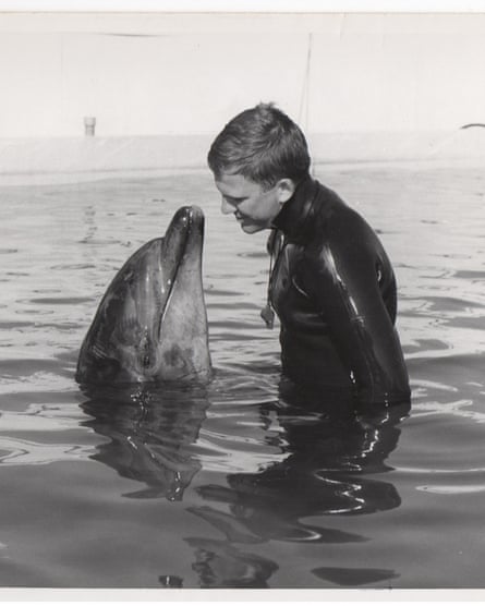 Blair Irvine looks at a dolphin while training it for the US Navy