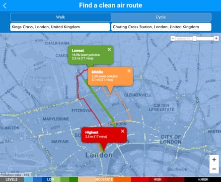 Interactive map to show low-pollution route in london.