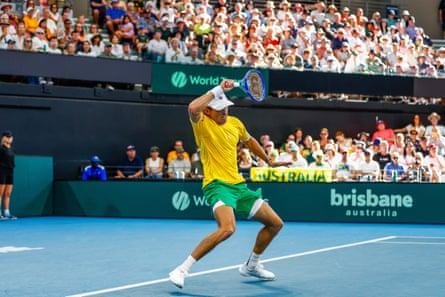 De Minaur fires off a forehand on Sunday.