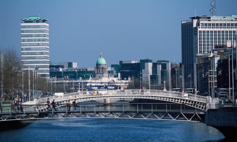 City view of Dublin, Ireland with Halfpenny Bridge and River Liffey
