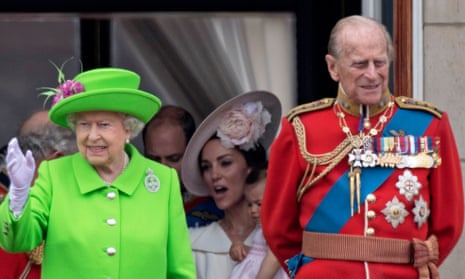 Members of the British royal family join the Queen for the trooping the colour ceremony to mark her 90th birthday in June 2016. 
