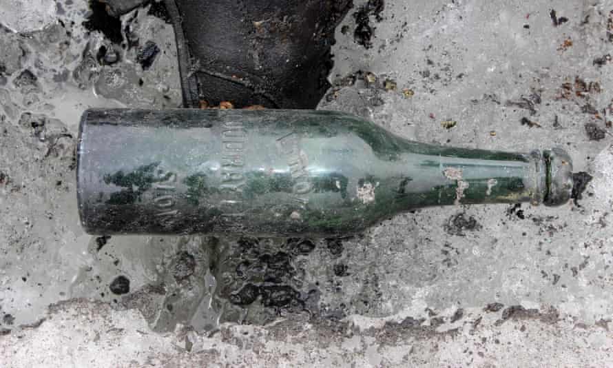 A bottle found near the remains of a couple found preserved in a receding glacier, near Les Diablerets, Switzerland.