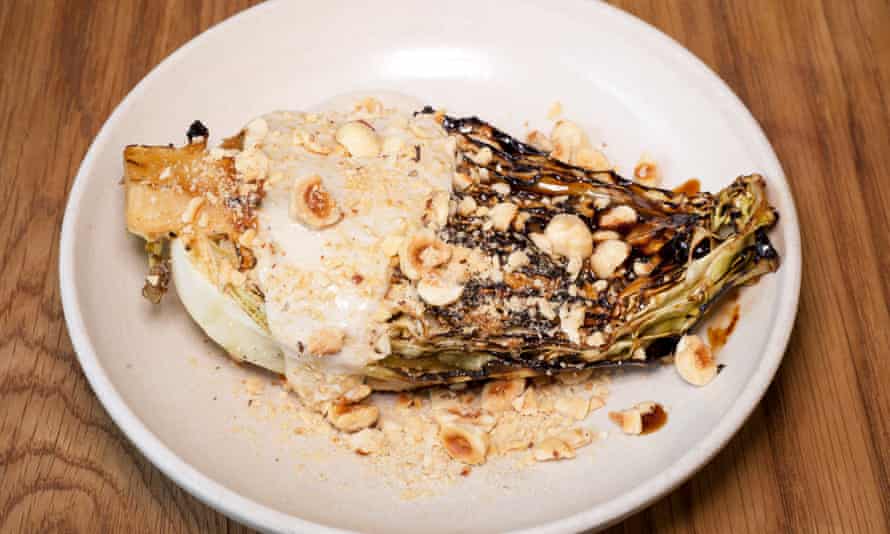 ‘Seared, blackened and pelted with pomegranate, hazelnuts and tahini’: cabbage.