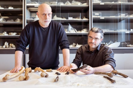 Guillaume Daver, research professor and palaeontologist, and Franck Guy, also a palaeontologist and CNRS research fellow, photographed in front of the display cases of the reserves containing the fossils of the Palaeontology Department at the University of Poitiers.