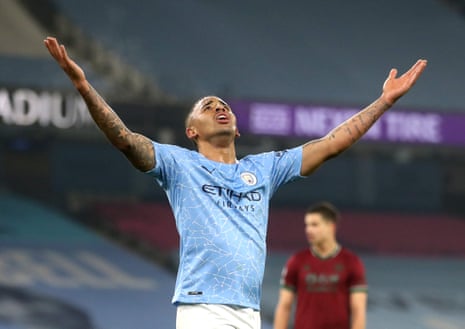 Manchester City’s Gabriel Jesus celebrates scoring their fourth goal.