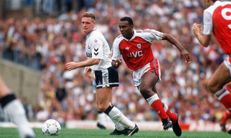 Arsenal’s David Rocastle goes past Tottenham Hotspur’s Paul Gascoigne during their September 1990 League Division One game at Highbury, which finished goalless.