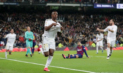 Vinícius Junior celebrates after his first Real Madrid goal in the league since September pt Real Madrid on course for their first clásico victory in 1,954 days.