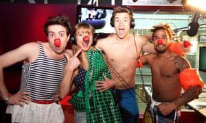 Greg James (third from left) with fellow radio stars Nick Grimshaw, Sara Cox and Dev Griffin during Radio 1’s Red Nose Day challenge, 2013.