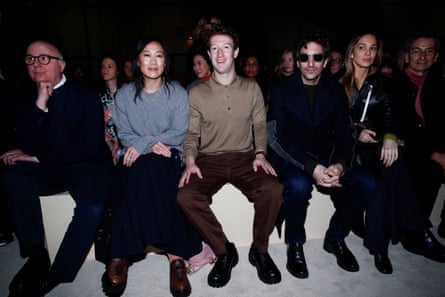 Mark Zuckerberg in caramel-hued cashmere on the Prada front row.