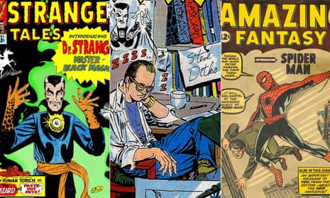 A self-portrait of Steve Ditko flanked by his work.