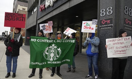 Starbucks workers join a national strike Thursday in downtown Columbus, Ohio. 