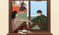 Illustration of a couple sitting on either side of a window, with a mother and child in the background