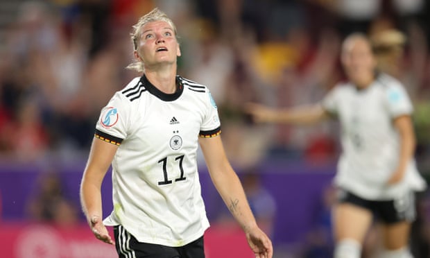 Alexandra Popp of Germany celebrates after scoring against Denmark.