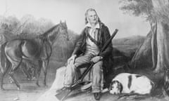 A drawing of Audubon with rifle, dog and horse.