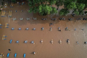An aerial view shows a flooded public exercise centre after heavy rains in Taishitun village in Miyun district.