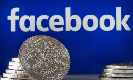 A visual representation of a digital cryptocurrency coin in front of a Facebook logo