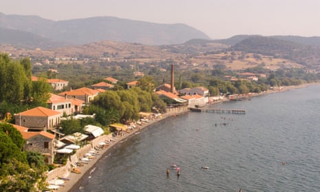Aerial, panoramic shot of Mithymna town and beach on Lesbos, Greece