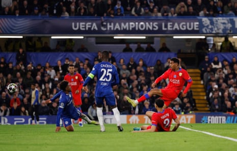 Paris St Germain’s Senny Mayulu scores with a left foot shot.