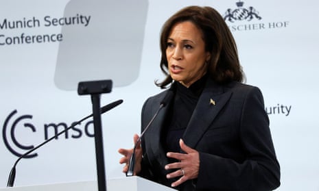 US vice president Kamala Harris delivers an address.